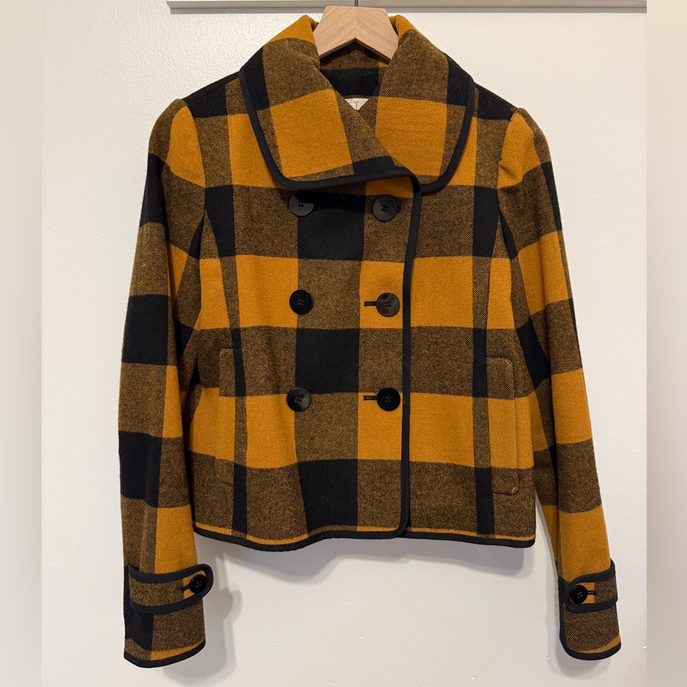 LOFT Black and Mustard Plaid Pea Coat